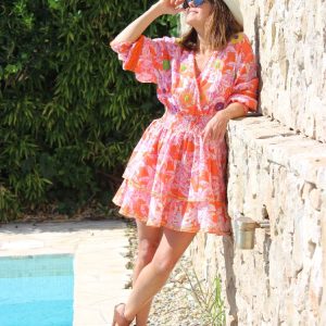 Orange White Lelies Short Dress